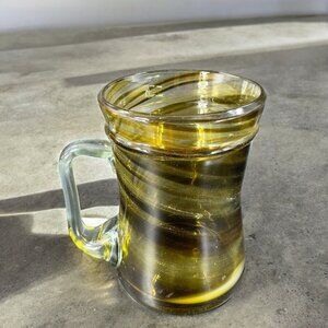 Art Glass Mug Cup With Applied Clear Handle Green Black Swirls Lines Hand Made